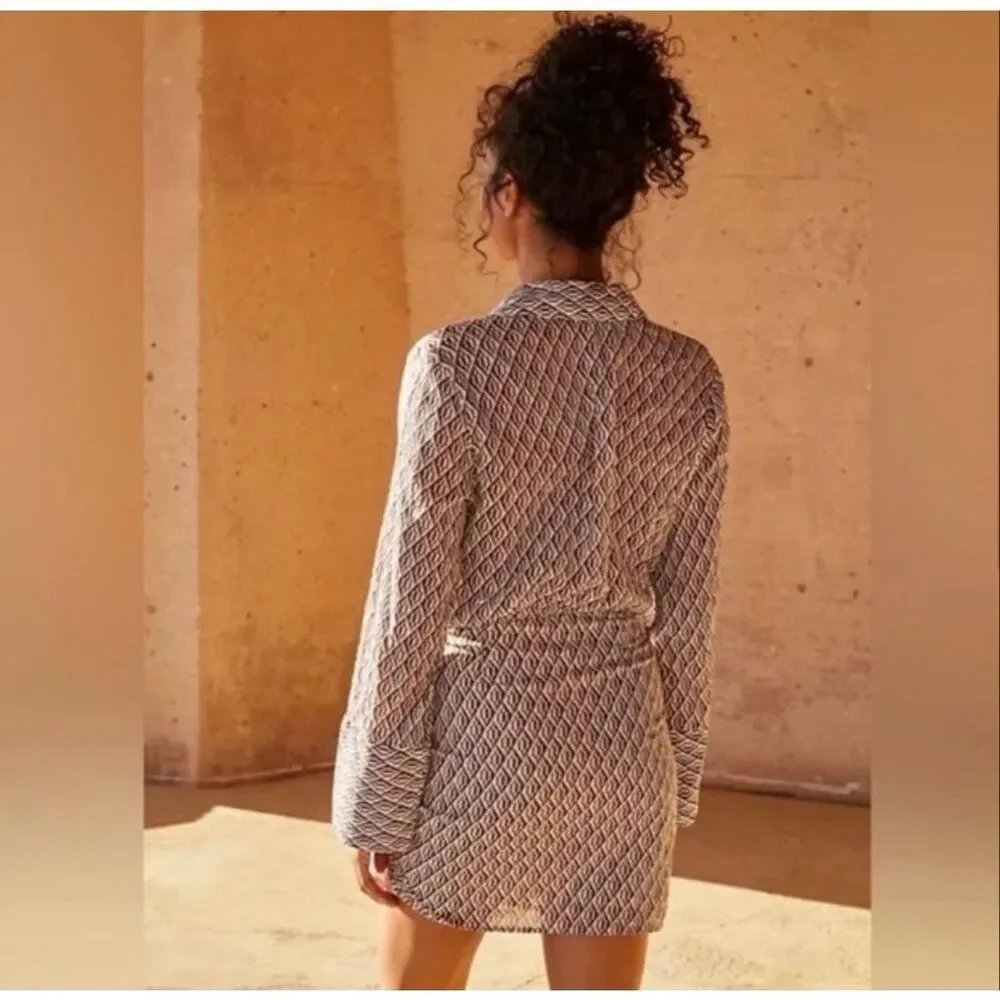 Free People Rillo Shirtdress Button Up Tie Long Sleeve Brown White Size Small